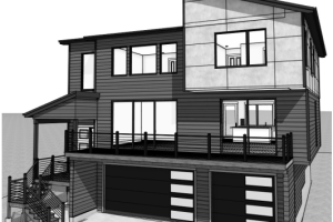 Modern two-story house with dark siding, large windows, wraparound deck, and a two-bay garage on the lower level; exterior stairs on the left.