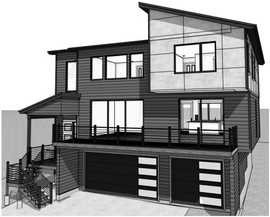 Modern two-story house with dark siding, large windows, wraparound deck, and a two-bay garage on the lower level; exterior stairs on the left.