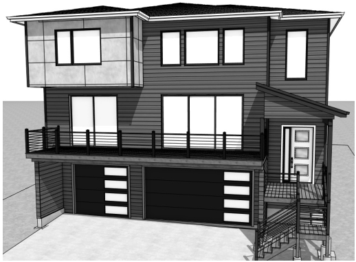 Modern two-story house with dark siding, a wraparound deck, and a wide two-car garage with decorative panels on doors.
