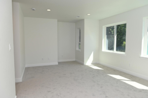 Empty bright living room with white walls, beige carpet, and two large windows letting in sunlight.