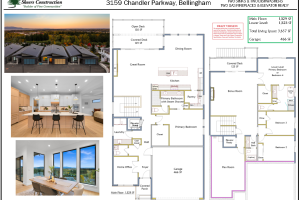 Brochure for Six at Chandler Lot Five: exterior row of homes, interior kitchen, and two-floor floor plan layout with address 3159 Chandler Parkway, Bellingham.