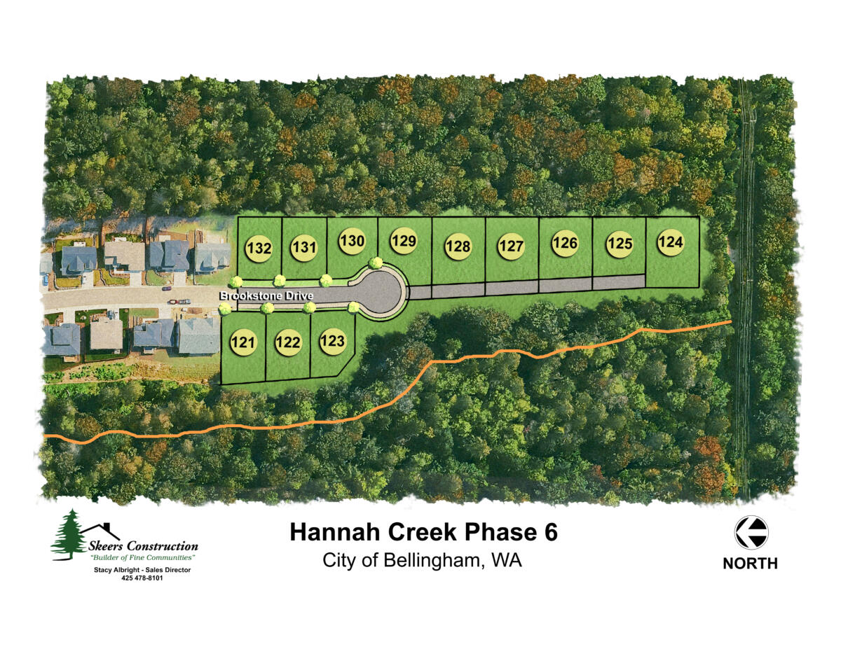 Site plan for Hannah Creek Phase 6 showing lots 121–132 along Brookstone Drive with a cul-de-sac, bordered by trees.