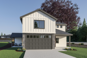 Modern two‑story house with a dark brown garage door, stone accents, white siding, and a manicured lawn in the front yard.